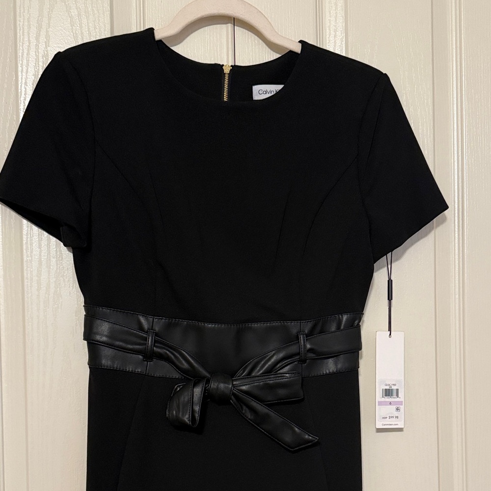 Calvin Klein Black Midi Sheath Dress with Faux-Leather Waist Tie